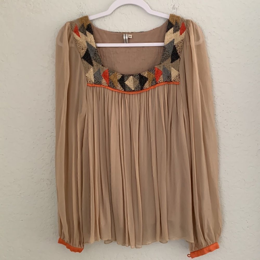 Elegant Beige Blouse with Embroidered Neckline